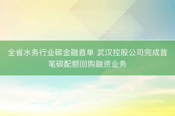 全省水务行业碳金融首单 武汉控股公司完成首笔碳配额回购融资业务