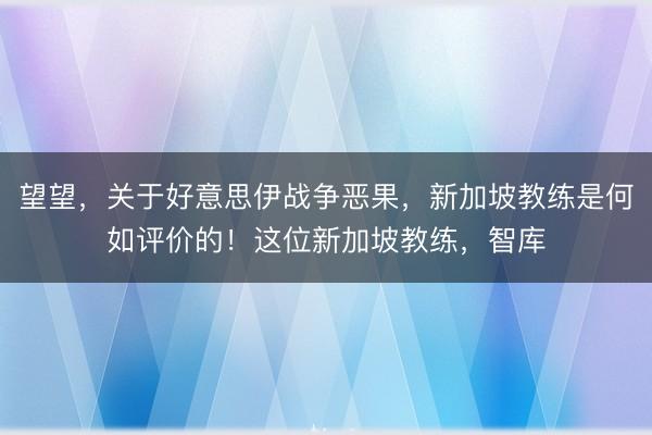 望望，关于好意思伊战争恶果，新加坡教练是何如评价的！这位新加坡教练，智库
